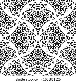 Abstract mandala fish scale seamless pattern. Ornamental tile, mosaic background. Floral patchwork infinity card. Arabic, Indian, ottoman motifs. Vector illustration.  