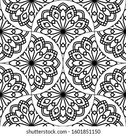 Abstract mandala fish scale seamless pattern. Ornamental tile, mosaic background. Floral patchwork infinity card. Arabic, Indian, ottoman motifs. Vector illustration.  