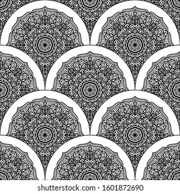 Abstract mandala fish scale seamless pattern. Ornamental tile, mosaic background. Floral patchwork infinity card. Arabic, Indian, ottoman motifs. Vector illustration.  