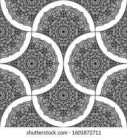 Abstract mandala fish scale seamless pattern. Ornamental tile, mosaic background. Floral patchwork infinity card. Arabic, Indian, ottoman motifs. Vector illustration.  