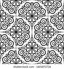 Abstract mandala fish scale seamless pattern. Ornamental tile, mosaic background. Floral patchwork infinity card. Arabic, Indian, ottoman motifs. Vector illustration.  