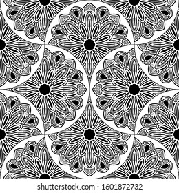 Abstract mandala fish scale seamless pattern. Ornamental tile, mosaic background. Floral patchwork infinity card. Arabic, Indian, ottoman motifs. Vector illustration.  