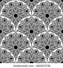 Abstract mandala fish scale seamless pattern. Ornamental tile, mosaic background. Floral patchwork infinity card. Arabic, Indian, ottoman motifs. Vector illustration.  