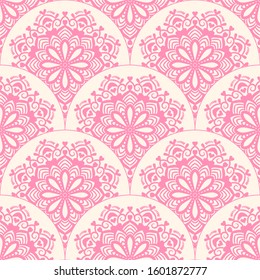 Abstract mandala fish scale seamless pattern. Ornamental tile, mosaic background. Floral patchwork infinity card. Arabic, Indian, ottoman motifs. Vector illustration.  