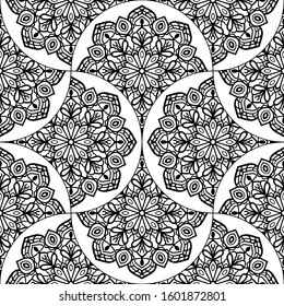 Abstract mandala fish scale seamless pattern. Ornamental tile, mosaic background. Floral patchwork infinity card. Arabic, Indian, ottoman motifs. Vector illustration.  