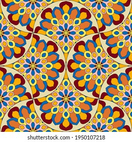 Abstrakte Mandala-Fische skalieren nahtlose Muster. Zierziegel, Mosaikhintergrund. Unendliche Blumenkarte. Arabische, indische, ottomanische Motive.