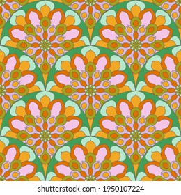 Resumen de la escala de peces mandala sin fisuras. Baldosas ornamentales, fondo de mosaico. Tarjeta de infinito con patchwork floral. motivos árabes, indios y otomanos.