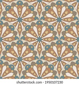 Abstract mandala fish scale seamless pattern. Ornamental tile, mosaic background. Floral patchwork infinity card. Arabic, Indian, ottoman motifs.