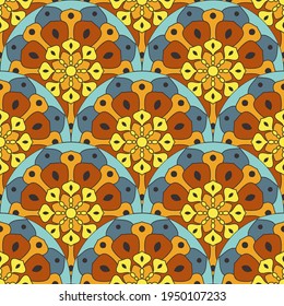 Abstrakte Mandala-Fische skalieren nahtlose Muster. Zierziegel, Mosaikhintergrund. Unendliche Blumenkarte. Arabische, indische, ottomanische Motive.