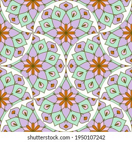 Abstract mandala fish scale seamless pattern. Ornamental tile, mosaic background. Floral patchwork infinity card. Arabic, Indian, ottoman motifs.