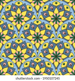Resumen de la escala de peces mandala sin fisuras. Baldosas ornamentales, fondo de mosaico. Tarjeta de infinito con patchwork floral. motivos árabes, indios y otomanos.
