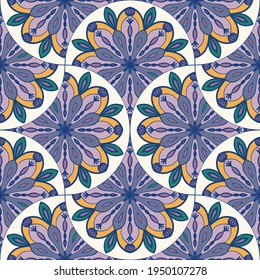 Abstract mandala fish scale seamless pattern. Ornamental tile, mosaic background. Floral patchwork infinity card. Arabic, Indian, ottoman motifs.