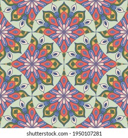 Abstract mandala fish scale seamless pattern. Ornamental tile, mosaic background. Floral patchwork infinity card. Arabic, Indian, ottoman motifs.