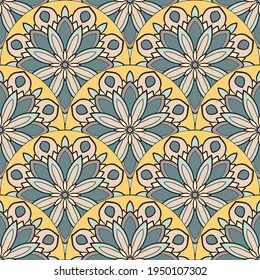 Resumen de la escala de peces mandala sin fisuras. Baldosas ornamentales, fondo de mosaico. Tarjeta de infinito con patchwork floral. motivos árabes, indios y otomanos.