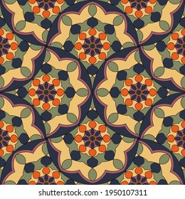 Abstract mandala fish scale seamless pattern. Ornamental tile, mosaic background. Floral patchwork infinity card. Arabic, Indian, ottoman motifs.