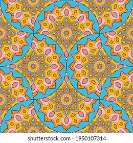 Resumen de la escala de peces mandala sin fisuras. Baldosas ornamentales, fondo de mosaico. Tarjeta de infinito con patchwork floral. motivos árabes, indios y otomanos.