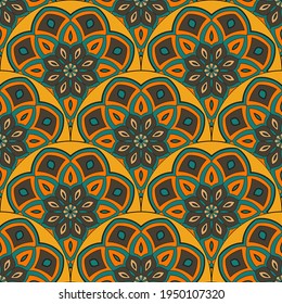 Resumen de la escala de peces mandala sin fisuras. Baldosas ornamentales, fondo de mosaico. Tarjeta de infinito con patchwork floral. motivos árabes, indios y otomanos.