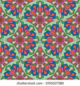 Abstract mandala fish scale seamless pattern. Ornamental tile, mosaic background. Floral patchwork infinity card. Arabic, Indian, ottoman motifs.