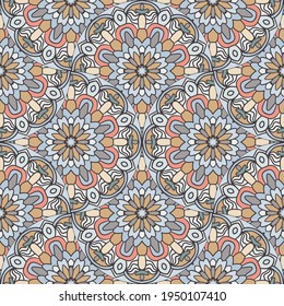 Abstract mandala fish scale seamless pattern. Ornamental tile, mosaic background. Floral patchwork infinity card. Arabic, Indian, ottoman motifs.