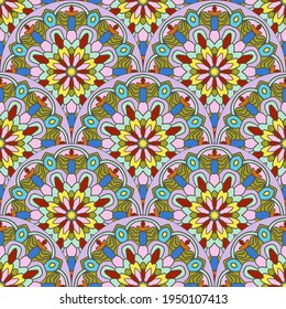 Resumen de la escala de peces mandala sin fisuras. Baldosas ornamentales, fondo de mosaico. Tarjeta de infinito con patchwork floral. motivos árabes, indios y otomanos.