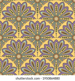 Resumen de la escala de peces mandala sin fisuras. Baldosas ornamentales, fondo de mosaico. Tarjeta de infinito con patchwork floral. motivos árabes, indios y otomanos.