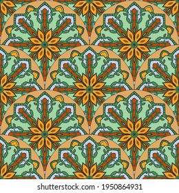 Abstract mandala fish scale seamless pattern. Ornamental tile, mosaic background. Floral patchwork infinity card. Arabic, Indian, ottoman motifs.