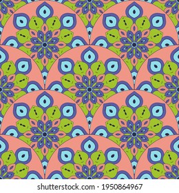 Abstrakte Mandala-Fische skalieren nahtlose Muster. Zierziegel, Mosaikhintergrund. Unendliche Blumenkarte. Arabische, indische, ottomanische Motive.