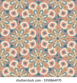 Abstract mandala fish scale seamless pattern. Ornamental tile, mosaic background. Floral patchwork infinity card. Arabic, Indian, ottoman motifs.