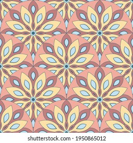 Abstract mandala fish scale seamless pattern. Ornamental tile, mosaic background. Floral patchwork infinity card. Arabic, Indian, ottoman motifs.