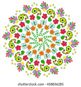 Abstract mandala with flower, bee, curls and leaves on white background, can be used a background, decor, decoupage, textile, invitation, wallpaper, pattern fills, web page background,surface textures