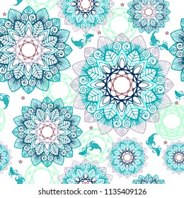 Abstract Mandala flower and little fish design like pool concept free hand drawing seamless pattern vector with fantasy deep blue tone background