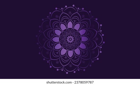 Abstract Mandala flower in purple gradient shade in dark purple background. This can be create on festival project or events content creation.
