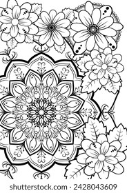 Abstract mandala and flowers for coloring. Vector contour drawing on white background. Anti-stress coloring for adults and children. 