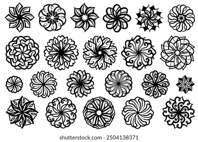 Abstract mandala flowers, symmetric abstract ornamental floral heads.