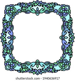 Abstract mandala frame. Asian leaves pattern. Blue authentic background. Vector illustration.