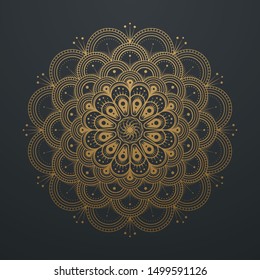 Abstract Mandala Gold Vintage Line Art Lace Pattern. on black background. Vector illustration