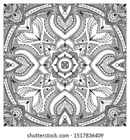 Abstract Mandala. Hand drawing coloring book for adults. Beautiful drawings with patterns and small details. One of a series of painted pictures. Black and white pattern. Art therapy.