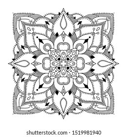Abstract Mandala. Hand drawing coloring book for adults. Beautiful drawings with patterns and small details. One of a series of painted pictures. Black and white pattern. Art therapy.