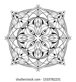 Abstract Mandala. Hand drawing coloring book for adults. Beautiful drawing with patterns and small details. One of a series of painted pictures. Black and white pattern. Art therapy.