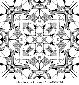 Abstract Mandala. Hand drawing coloring book for adults. Beautiful drawings with patterns and small details. One of a series of painted pictures. Black and white pattern. Art therapy.