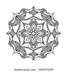 Abstract Mandala. Hand drawing coloring book for adults. Beautiful drawings with patterns and small details. One of a series of painted pictures. Black and white pattern. Art therapy.