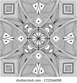 Abstract Mandala. Hand drawing coloring book for adults. Beautiful drawings with patterns and small details. One of a series of painted pictures. Black and white pattern. Art therapy.