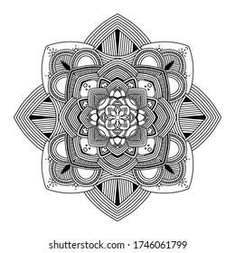 Abstract Mandala. Hand drawing coloring book for adults. Beautiful drawings with patterns and small details. One of a series of painted pictures. Black and white pattern. Art therapy.
