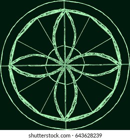 Abstract mandala in a hand-drawn style. Green geometric mandala with a grain effect on a dark green background. This vector illustration can be used as a background or for print on products.