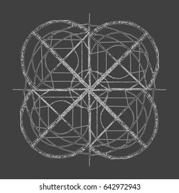 Abstract mandala in a hand-drawn style. White geometric mandala with a grain effect on a dark background. This vector illustration can be used as a background or for print on products.