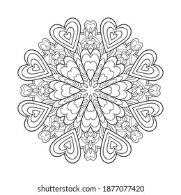 Abstract mandala with heart and lines patterns onw white isolated background. For coloring book pages.