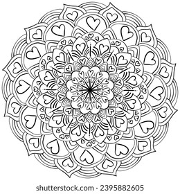 Abstract mandala with hearts and striped petals, anti-stress coloring page vector illustration for Valentine's Day