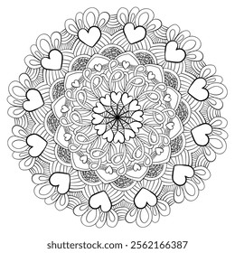 Abstract mandala with hearts, Valentine's Day coloring page vector illustration for design or creativity