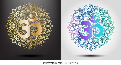 Abstract Mandala and OM decorative religion symbol.Modern elements style.Ethnic Mandala ornament.Vector style.on isolate background for textile,business,cover,greeting card,color book,print.