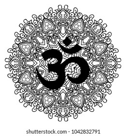 Abstract Mandala and OM decorative symbol.Mehndi style.Vintage decorative elements .Ethnic Mandala ornament.Vector Henna tattoo style. on isolate background for textile,greeting card,color book,print.